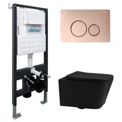 Комплект подвесной унитаз Abber (Аббер) Rechteck AC1201MB черный матовый с инсталляцией AC0105 и кнопкой AC0121RG золото розовое