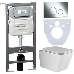 Комплект инсталляции 4 в 1 Ceramicanova Подвесной унитаз Metric Rimless арт. CN3007 + Шумоизоляционная панель для инсталляции арт. CN1000 + Система инсталляции для унитазов CERAMICANOVA Envision с кнопкой смыва Round цвет хром и креплениями, арт. CN1001CH