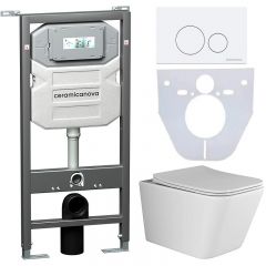 Комплект инсталляции 4 в 1 Ceramicanova Подвесной унитаз Metric Rimless арт. CN3007 + Шумоизоляционная панель для инсталляции арт. CN1000 + Система инсталляции для унитазов CERAMICANOVA Envision с кнопкой смыва Round цвет белый и креплениями арт. CN1001W