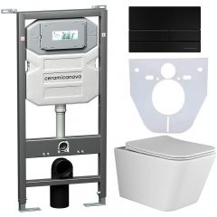 Комплект инсталляции 4 в 1 Ceramicanova Подвесной унитаз Metric Rimless арт. CN3007 + Шумоизоляционная панель для инсталляции арт. CN1000 + Система инсталляции для унитазов CERAMICANOVA Envision с кнопкой смыва Flat цвет черный матовый, креплениями, арт. 