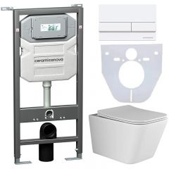 Комплект инсталляции 4 в 1 Ceramicanova Подвесной унитаз Metric Rimless арт. CN3007 + Шумоизоляционная панель для инсталляции арт. CN1000 + Система инсталляции для унитазов CERAMICANOVA Envision с кнопкой смыва Flat цвет белый, креплениями, арт. CN1002W