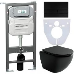 Комплект инсталляции 4 в 1 Ceramicanova Подвесной унитаз Metropol Rimless арт. CN4002MB + Шумоизоляционная панель для инсталляции арт. CN1000 + Система инсталляции для унитазов CERAMICANOVA Envision с кнопкой смыва Flat цвет черный матовый, креплениями, а