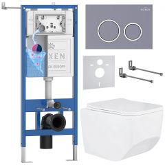 Комплект 6 в 1 RoxenBath (РоксенБаз) StounFix Dual Fresh 966110 система инсталляции для унитазов 710200 + кнопка для инсталляции Santi 410260DG +подвесной унитаз 530145-01