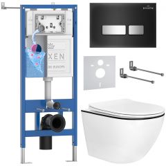 Комплект 6 в 1 RoxenBath (РоксенБаз) StounFix Dual Fresh 964974 система инсталляции для унитазов 710200 + кнопка для инсталляции Glass 430280B +подвесной унитаз 530110-01B