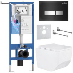 Комплект 6 в 1 RoxenBath (РоксенБаз) StounFix Dual Fresh 649644 система инсталляции для унитазов 710200 + кнопка для инсталляции Glass 430280B +подвесной унитаз 530145-01