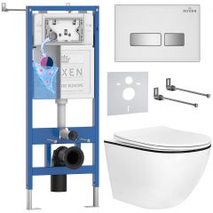 Комплект 6 в 1 RoxenBath (РоксенБаз) StounFix Dual Fresh 964909 система инсталляции для унитазов 710200 + кнопка для инсталляции Glass 430280W +подвесной унитаз 530110-01B