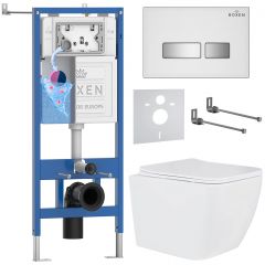 Комплект 6 в 1 RoxenBath (РоксенБаз) StounFix Dual Fresh 634687 система инсталляции для унитазов 710200 + кнопка для инсталляции Glass 430280W +подвесной унитаз 530135-01