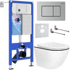 Комплект 6 в 1 RoxenBath (РоксенБаз) StounFix Dual Fresh 968427 система инсталляции для унитазов 710200 + кнопка для инсталляции Steel 420280S +подвесной унитаз 530110-01B