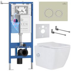 Комплект 6 в 1 RoxenBath (РоксенБаз) StounFix Dual Fresh 966246 система инсталляции для унитазов 710200 + кнопка для инсталляции Santi 410260BG +подвесной унитаз 530135-01X