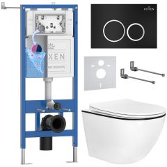 Комплект 6 в 1 RoxenBath (РоксенБаз) StounFix Dual Fresh 964643 система инсталляции для унитазов 710200 + кнопка для инсталляции Santi 410260B +подвесной унитаз 530110-01B