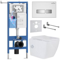 Комплект 6 в 1 RoxenBath (РоксенБаз) StounFix Dual Fresh 640526 система инсталляции для унитазов 710200 + кнопка для инсталляции Glass 430280W +подвесной унитаз 530135-01X