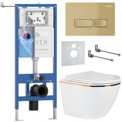 Комплект 6 в 1 RoxenBath (РоксенБаз) StounFix Dual Fresh 968096 система инсталляции для унитазов 710200 + кнопка для инсталляции Caspia 410280GВ +подвесной унитаз 530110-01G