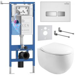 Комплект 6 в 1 RoxenBath (РоксенБаз) StounFix Dual Fresh 964245 система инсталляции для унитазов 710200 + кнопка для инсталляции Glass 430280W +подвесной унитаз 530170-01