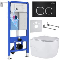 Комплект 6 в 1 RoxenBath (РоксенБаз) StounFix Dual Fresh 545591 система инсталляции для унитазов 710200 + кнопка для инсталляции Santi 410280B +подвесной унитаз 530155-01