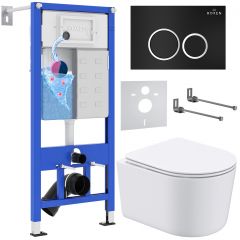 Комплект 6 в 1 RoxenBath (РоксенБаз) StounFix Dual Fresh 911522 система инсталляции для унитазов 710200 + кнопка для инсталляции Santi 410260B +подвесной унитаз 530120-01