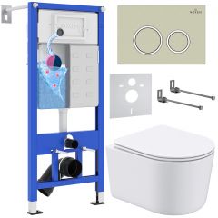 Комплект 6 в 1 RoxenBath (РоксенБаз) StounFix Dual Fresh 966278 система инсталляции для унитазов 710200 + кнопка для инсталляции Santi 410260BG +подвесной унитаз 530120-01