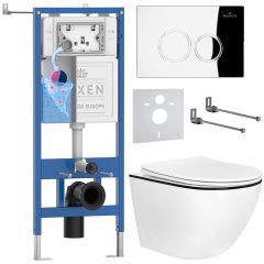 Комплект 6 в 1 RoxenBath (РоксенБаз) StounFix Dual Fresh 964658 система инсталляции для унитазов 710200 + кнопка для инсталляции Santi 410260CH +подвесной унитаз 530110-01B