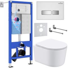 Комплект 6 в 1 RoxenBath (РоксенБаз) StounFix Dual Fresh 964407 система инсталляции для унитазов 710200 + кнопка для инсталляции Glass 430280W +подвесной унитаз 530120-01