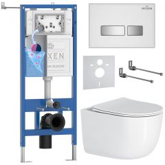 Комплект 6 в 1 RoxenBath (РоксенБаз) StounFix Dual Fresh 964605 система инсталляции для унитазов 710200 + кнопка для инсталляции Glass 430280W +подвесной унитаз 530160-01