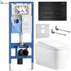 Комплект 6 в 1 RoxenBath (РоксенБаз) StounFix Dual Fresh 968501 система инсталляции для унитазов 710200 + кнопка для инсталляции Caspia 410280B +подвесной унитаз 530220-02