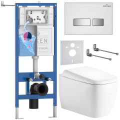 Комплект 6 в 1 RoxenBath (РоксенБаз) StounFix Dual Fresh 968524 система инсталляции для унитазов 710200 + кнопка для инсталляции Glass 430280W +подвесной унитаз 530220-02