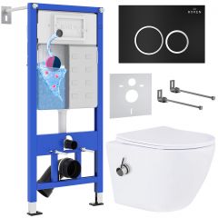 Комплект 6 в 1 RoxenBath (РоксенБаз) StounFix Dual Fresh 906342 система инсталляции для унитазов 710200 + кнопка для инсталляции Santi 410260В +подвесной унитаз 530185-01Х