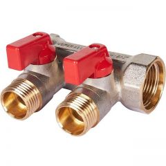 Коллектор Stout (Стаут) с шаровыми кранами 3/4 , 2 отвода 1/2 (красные ручки) (6200R6N0504R2B) (SMB 6210 341202)