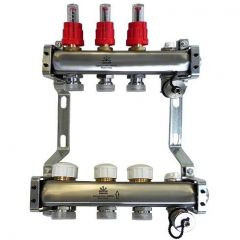 Блок коллекторный Gekon (Гекон) 1 дюйм, со сливными кранами и ручными воздухоотводчиками, 3 отвода 3/4 дюйм (GK 72103)