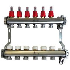 Блок коллекторный Gekon (Гекон) 1 дюйм, со сливными кранами и ручными воздухоотводчиками, 6 отводов 3/4 дюйм (GK 72106)