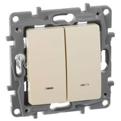 Выключатель Легранд (Legrand) 2-клавиши СП Etika 10 А IP20 250 В 10AX с подсветкой/индикацией 672304, кремово-белый, скрытой установки