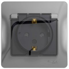 Розетка Систем Электрик (Schneider Electric) 1-м СП Glossa 16 А IP44 с заземлением, защитные шторки и крышкой в сборе алюминий GSL000348
