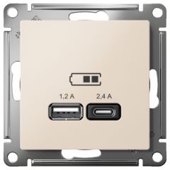 Розетка Систем Электрик (Schneider Electric) USB AtlasDesign тип A+C 5 В/2.4 А 2х5В/1.2 А механизм бежевая ATN000239