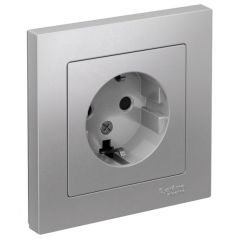 Розетка Систем Электрик (Schneider Electric) 1-м СП AtlasDesign 16 А IP20 с заземлением защитные шторки в сборе алюминий ATN000344