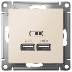 Розетка Систем Электрик (Schneider Electric) USB AtlasDesign тип A+A 5 В 1х2.1 А 2х1.05 А механизм бежевая ATN000233, скрытый монтаж