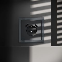 Розетка встраиваемая Voltum S70 с заземлением и защитными шторками, 16А, с USB, A+A, (графит) VLS040407