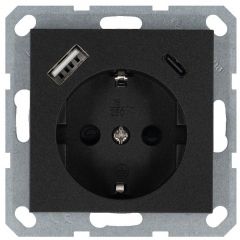 Розетка Джасмарт (Jasmart) Shuko 16 А с заземлением шторками USB A+C 25 Вт антрацит G5501USB-25B