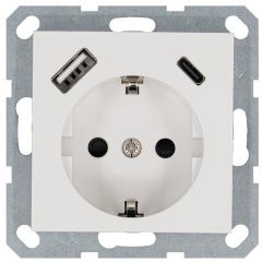 Розетка Джасмарт (Jasmart) Shuko 16 А с заземлением шторками USB A+C 25 Вт белый глянцевый G5501USB-25W