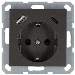 Розетка Джасмарт (Jasmart) Shuko 16 А с заземлением защитными шторками USB A+C 25 Вт мокко G5501USB-25Z