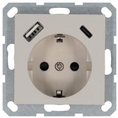 Розетка Джасмарт (Jasmart) Shuko 16 А с заземлением шторками USB A+C 25 Вт тауп G5501USB-25T