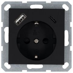 Розетка Джасмарт (Jasmart) Shuko 16 А с заземлением шторками USB A+C 25 Вт soft touch G5501USB-25PB черная матовая