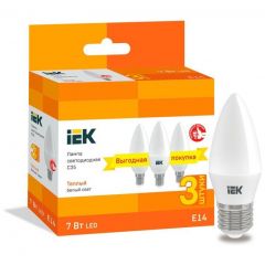 Лампа светодиодная ИЭК C35 свеча 7Вт 230В 3000К E14 (уп.3шт) IEK LLE-C35-07-230-30-E14-3
