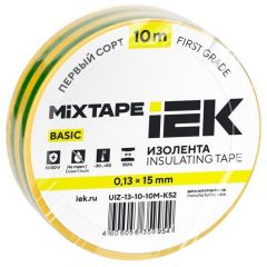 Изолента ИЭК ПВХ 0.13х15мм (рул.10м) желт./зел. IEK UIZ-13-10-10M-K52