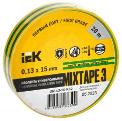 Изолента ИЭК ПВХ 0.13х15мм (рул.20м) желт./зел. IEK UIZ-13-10-K52