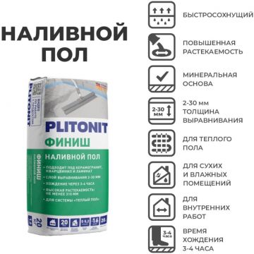 Ровнитель (наливной пол) Финишный Plitonit (Плитонит) финиш самовыравнивающийся быстротвердеющий 20 кг