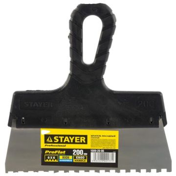 Шпатель фасадный Stayer (Стайер) Professional ProFlat, 200 мм, зуб 6 х 6 мм, пластиковая ручка, зубчатый, нержавеющий 1009-20-06