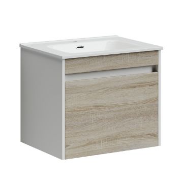 Тумба подвесная Sancos (Санкос) Smart 590х450х500 мм, c двумя ящиками оснащенными доводчиками, дуб бардолино/белый, (без раковины) (SM60E)