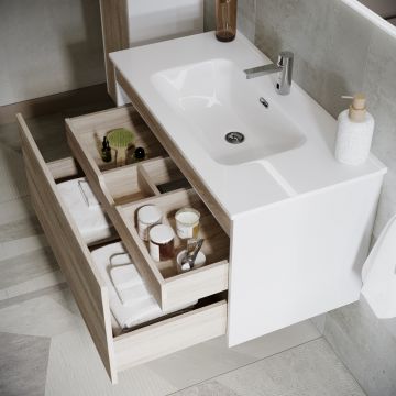 Тумба подвесная Sancos (Санкос) Smart 590х450х500 мм, c двумя ящиками оснащенными доводчиками, дуб бардолино/белый, (без раковины) (SM60E)