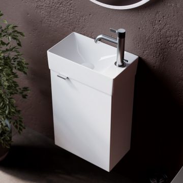 Тумба подвесная Sancos (Санкос) Mini 355х205х500 мм, с распашной дверцей, внутри 1 полка, белый глянец, (без раковины) (MN35WR)