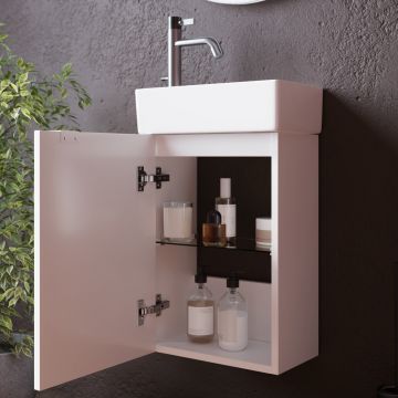 Тумба подвесная Sancos Mini 355х205х500 мм, с распашной дверцей, внутри 1 полка, белый глянец, (без раковины) (MN35WL)