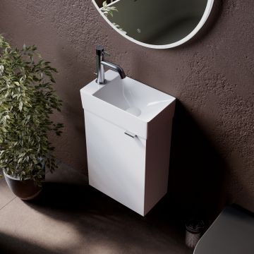 Тумба подвесная Sancos Mini 355х205х500 мм, с распашной дверцей, внутри 1 полка, белый глянец, (без раковины) (MN35WL)